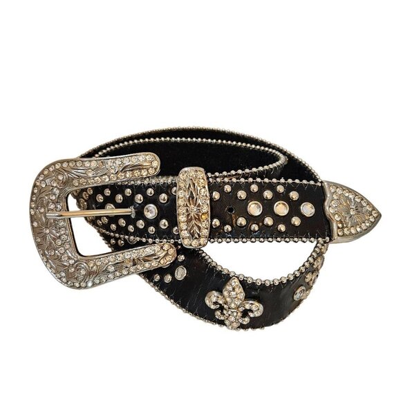 Vintage Western Leather Black Belt Fleur-De-Lis Cross Rhinestone 36-41" - Picture 1 of 11